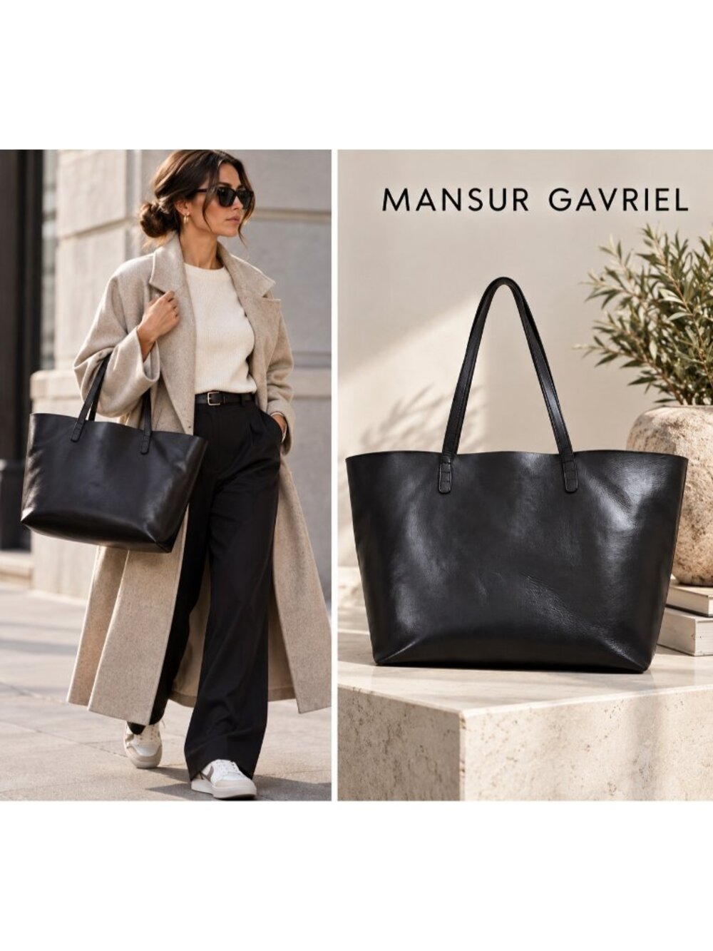 Mansur Gavriel Black Leather Large Tote Bag Minimalist Designer Shoulder Bag